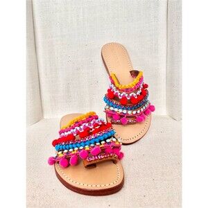 Mystique Boho Leather  Embellished Pom-Pom Sandals Size 9